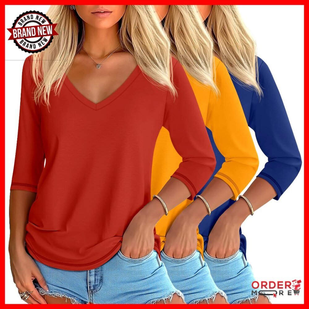 3 Pack Women's 3/4 Sleeve V-Neck T-Shirts Loose Fit Blouses Casual Tees